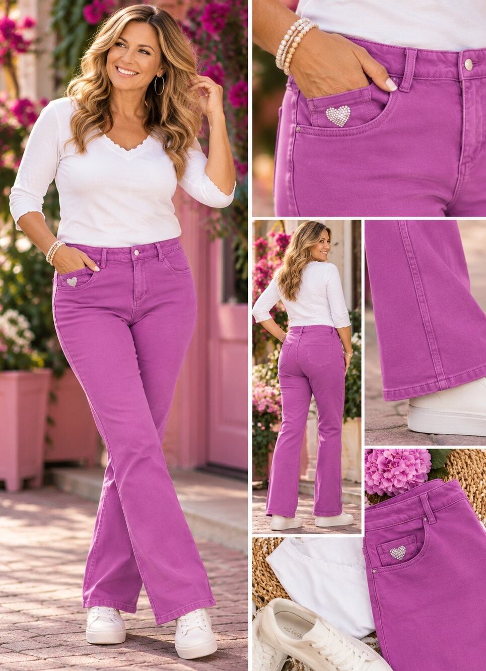 Quacker Factory DreamJeannes Women’s 10 Fuchsia Stretch Jeans Rhinestone Heart